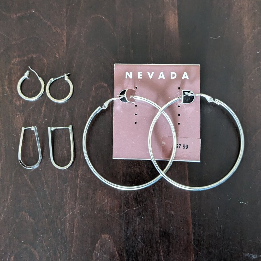 3 Pair Silvertone Hoop Earrings